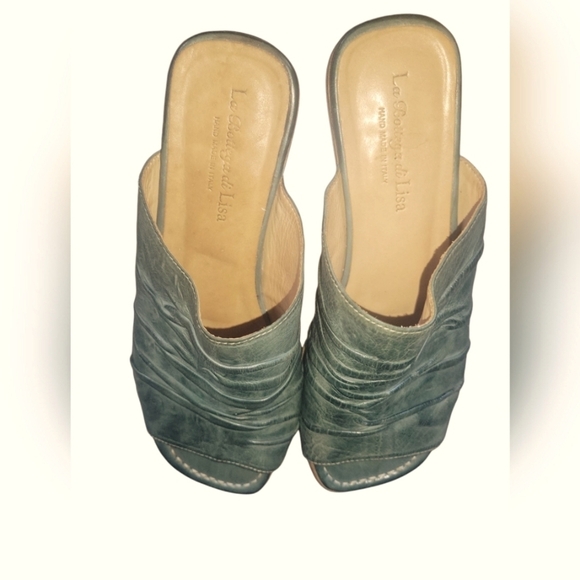 La Bottega Di Lisa Teal Handmade  Made In Italy Leather Slide Sandals Sz 37 1/2 - Picture 5 of 9